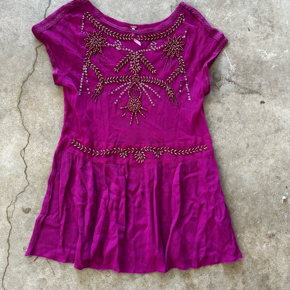 Free People| Beaded Sheer Top| Sheer Gauze Magenta Top - Picture 3 of 10